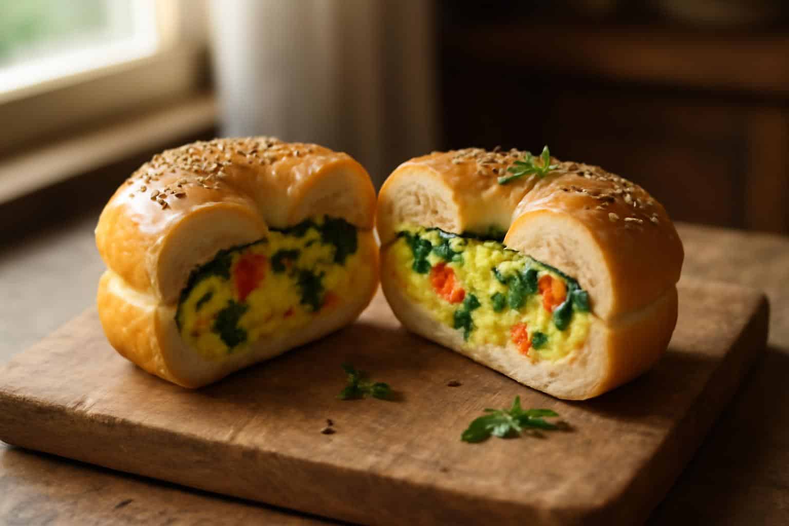 Savory quiche stuffed bagels with golden crust and egg filling, perfect breakfast dish