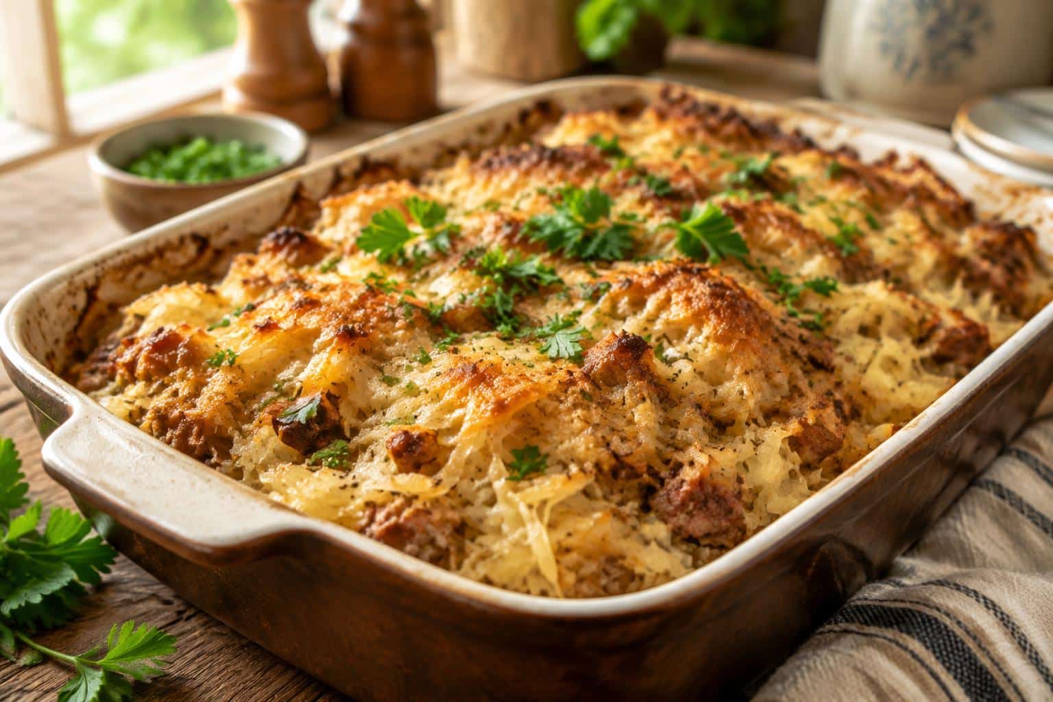 Golden baked savory sauerkraut casserole garnished with fresh parsley on rustic wooden table