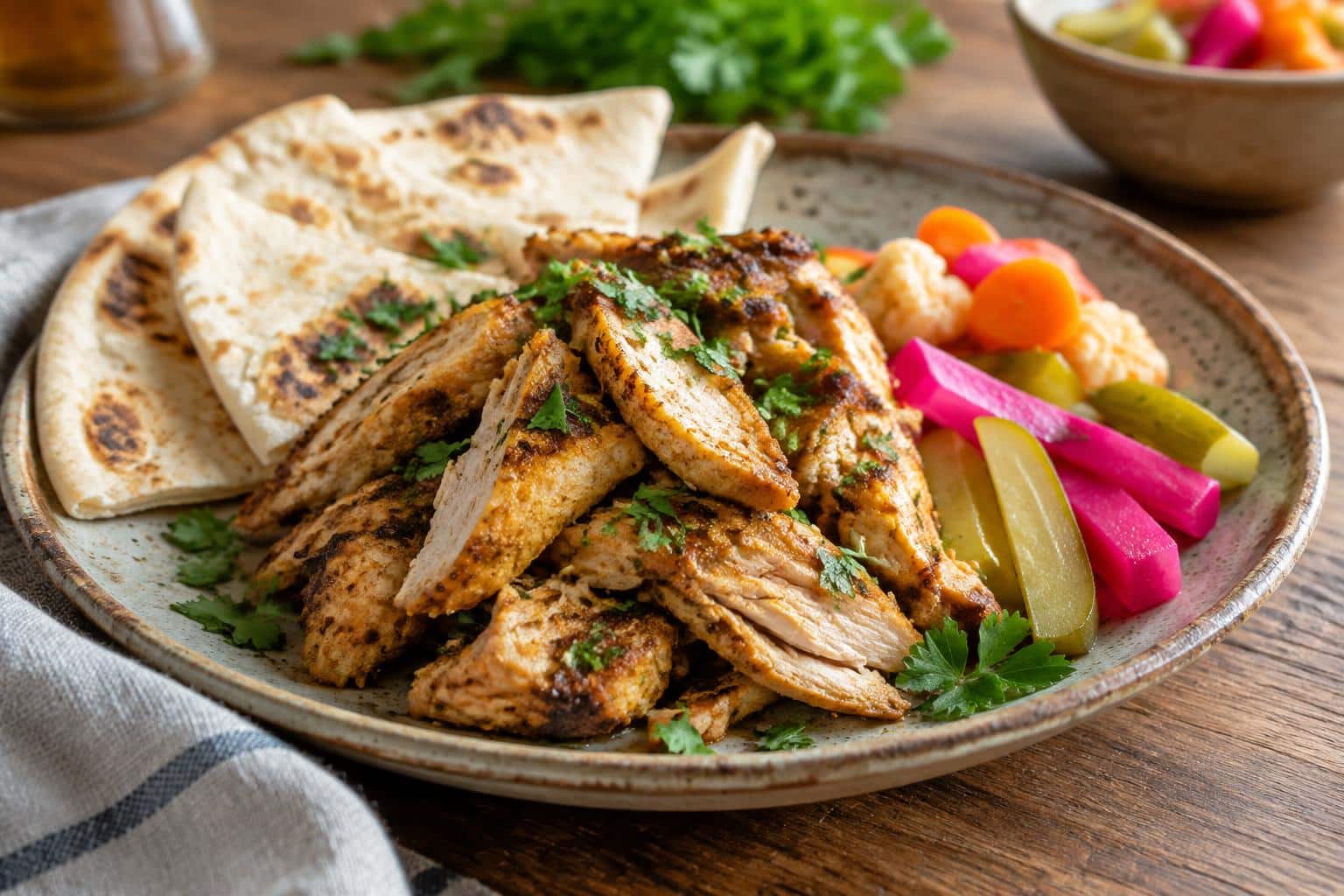 Slow cooker chicken shawarma on plate garnished with parsley and pita bread