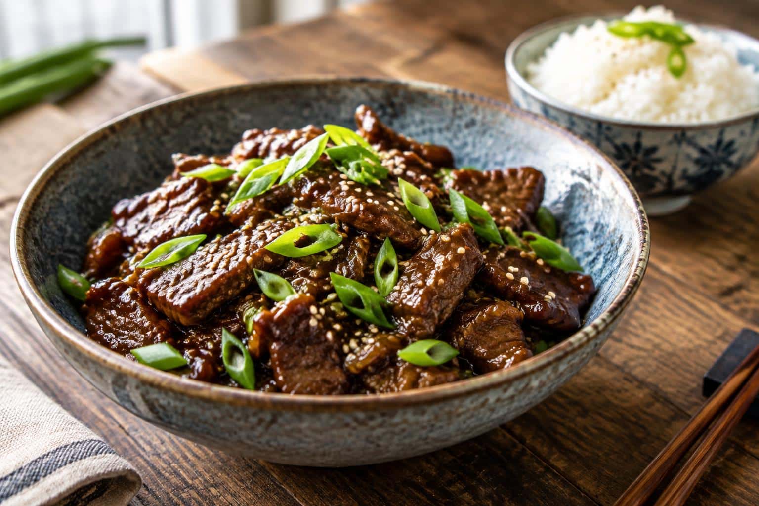 Savory slow cooker Mongolian beef served with green onions and sesame seeds over steamed rice