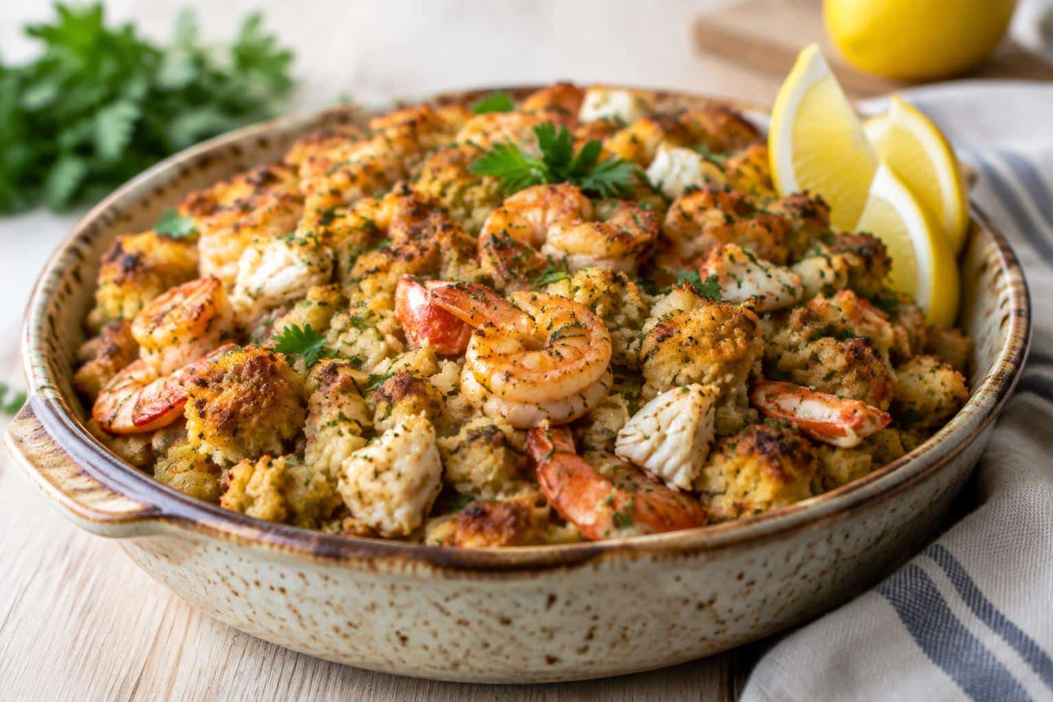 Savory southern seafood stuffing baked to golden perfection with seafood and herbs