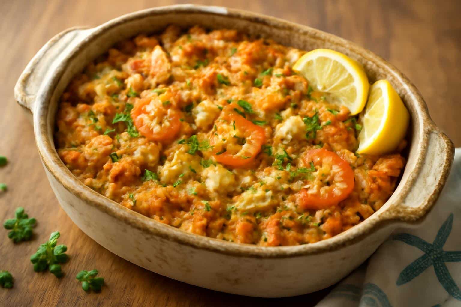 Golden baked southern seafood stuffing with shrimp and crab garnished with parsley and lemon wedges