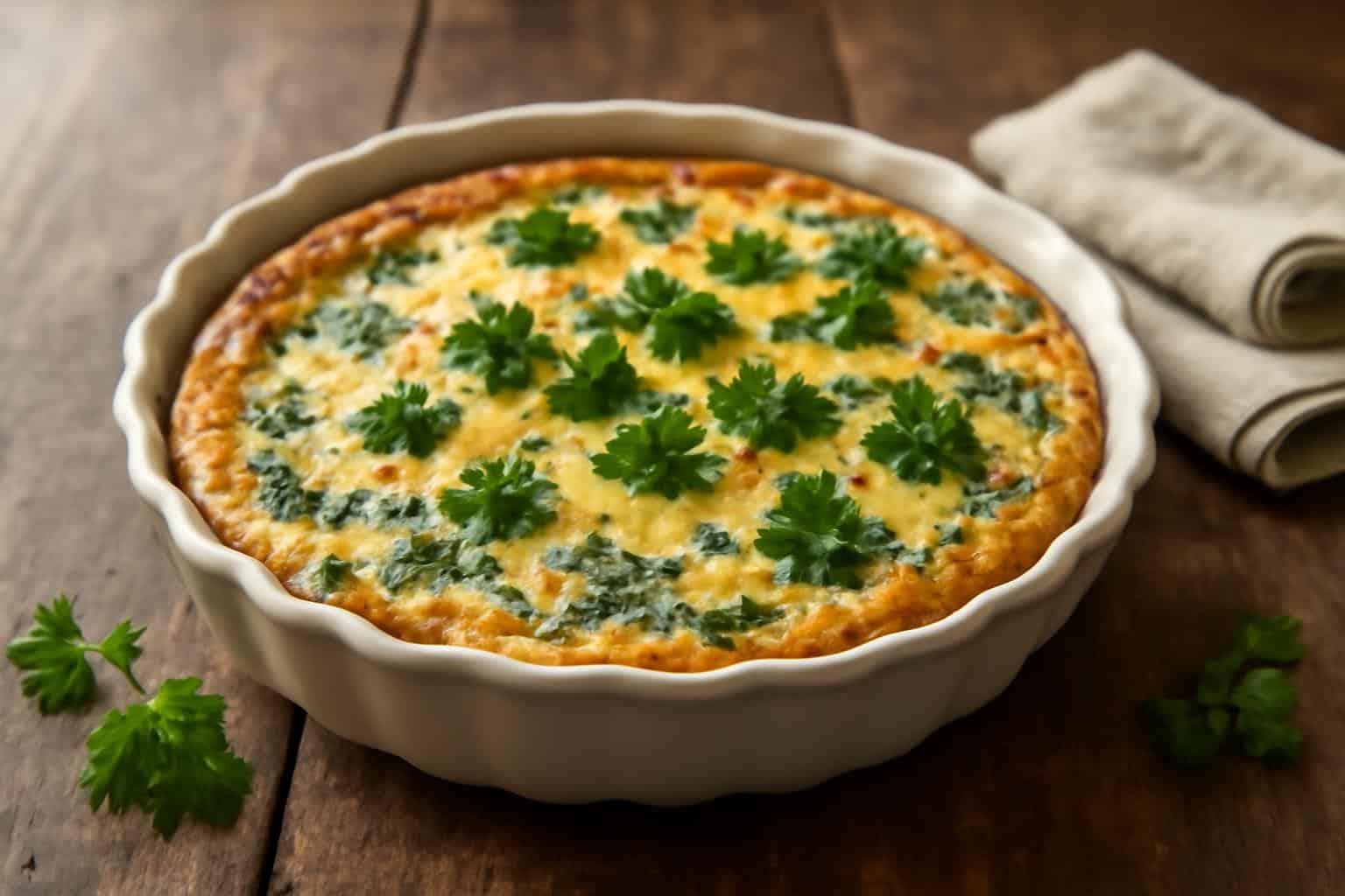 Savory crustless quiche with spinach and cottage cheese baked to golden perfection