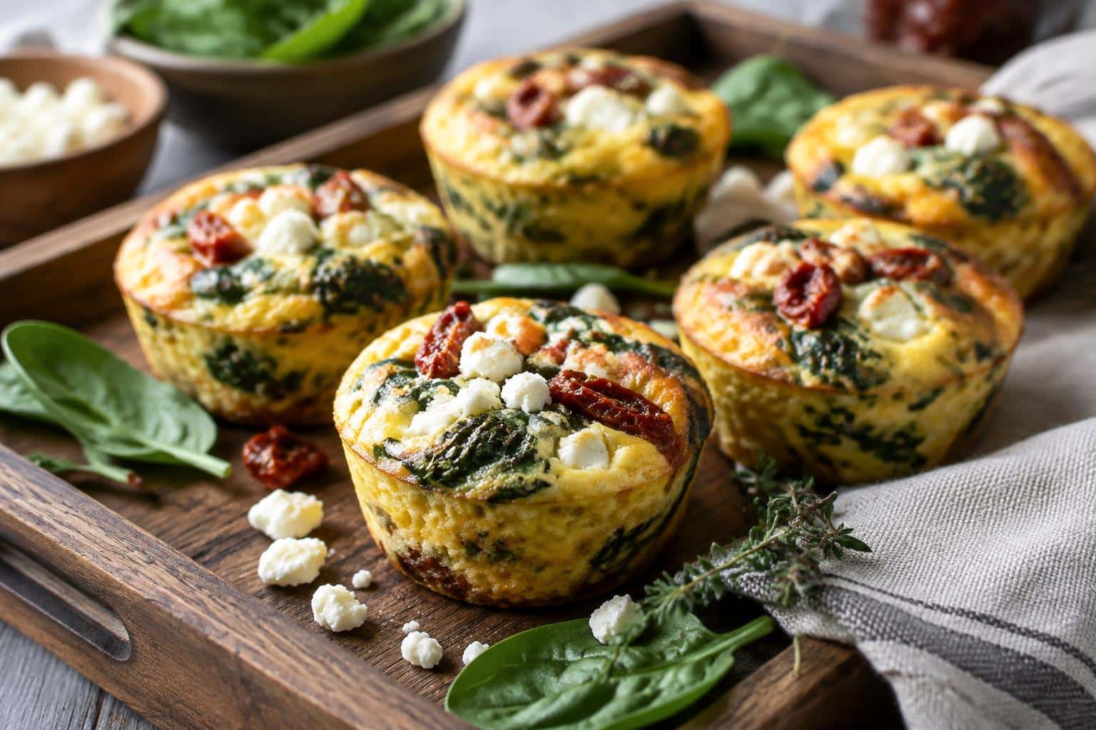 Savory spinach feta egg muffins with sun-dried tomatoes on rustic tray, showcasing spinach feta egg muffins