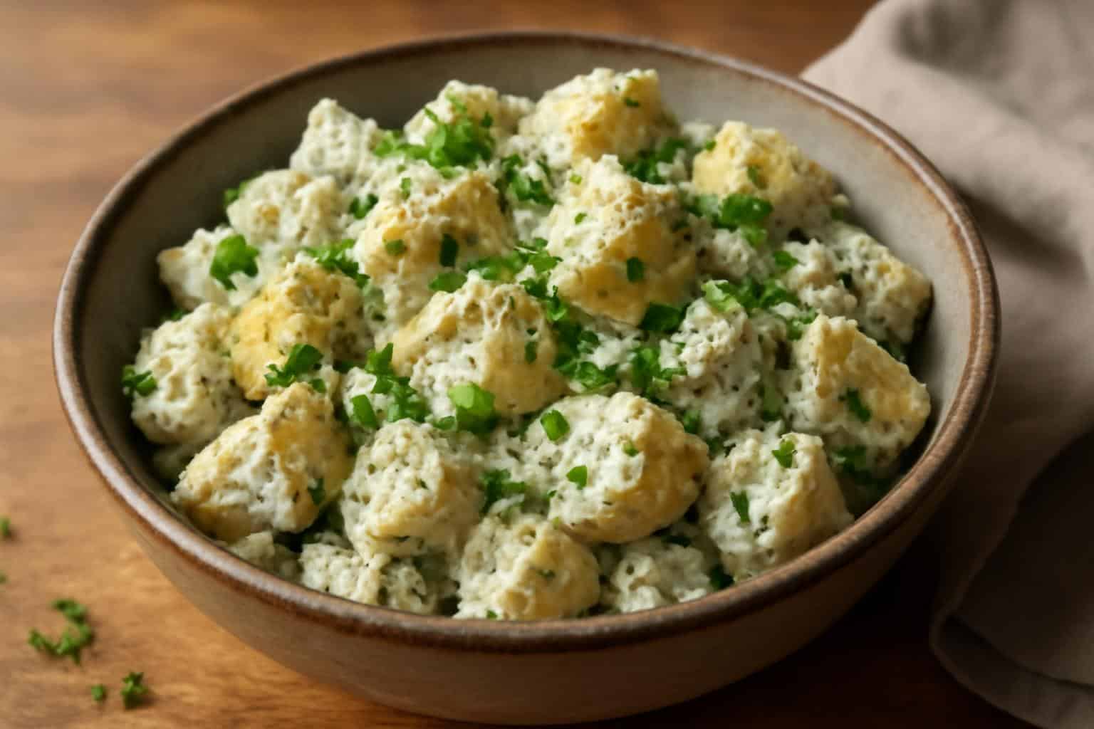 Savory steakhouse potato salad with creamy herb dressing garnished with fresh herbs