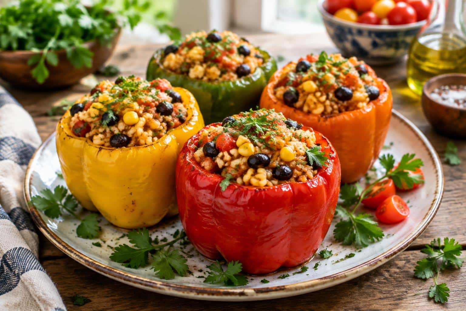 Savory stuffed bell peppers overflowing with flavorful rice and fresh veggies on a rustic plate