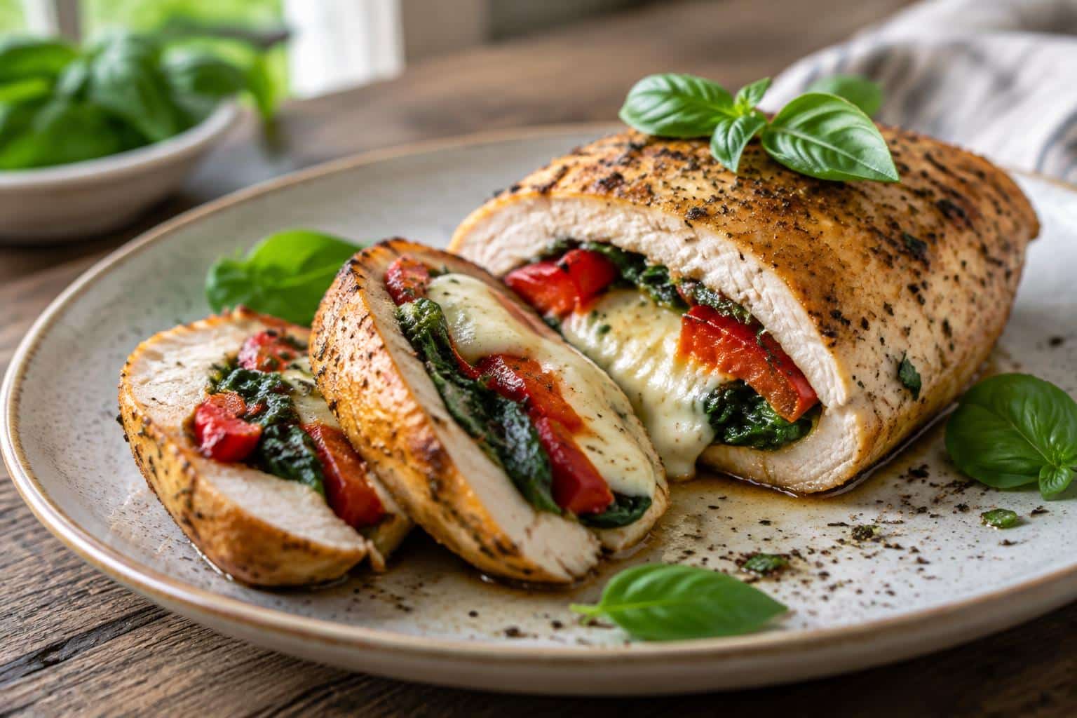 Savory stuffed chicken with roasted red peppers, spinach, and mozzarella on a rustic plate