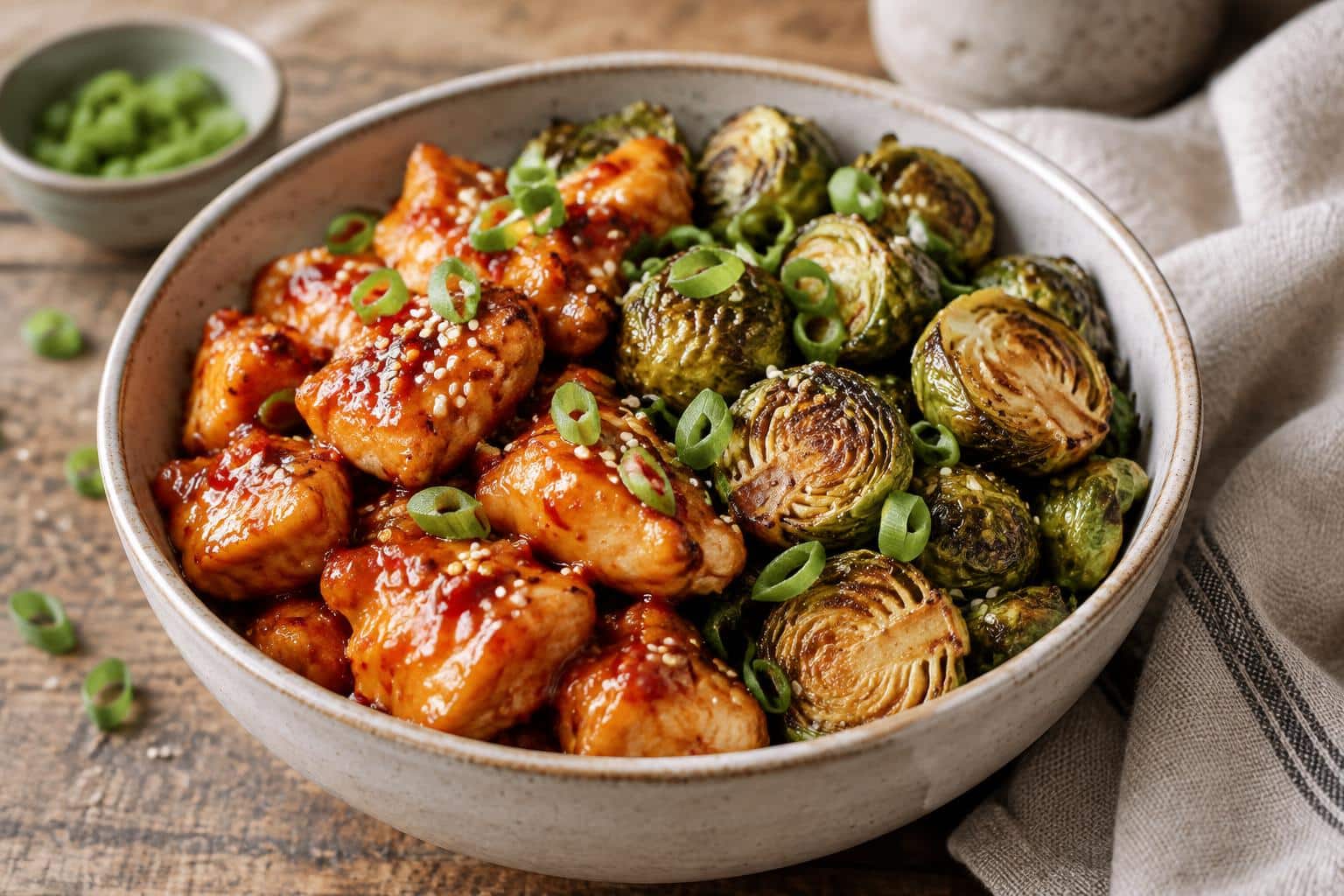 Sweet chili chicken bowl with crispy Brussels sprouts and sesame seeds in an air fryer bowl