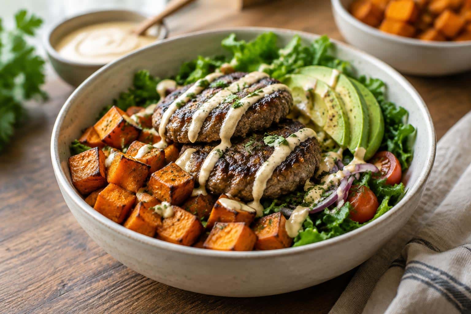 Savory sweet potato burger bowl with roasted sweet potatoes, beef patties, and fresh greens