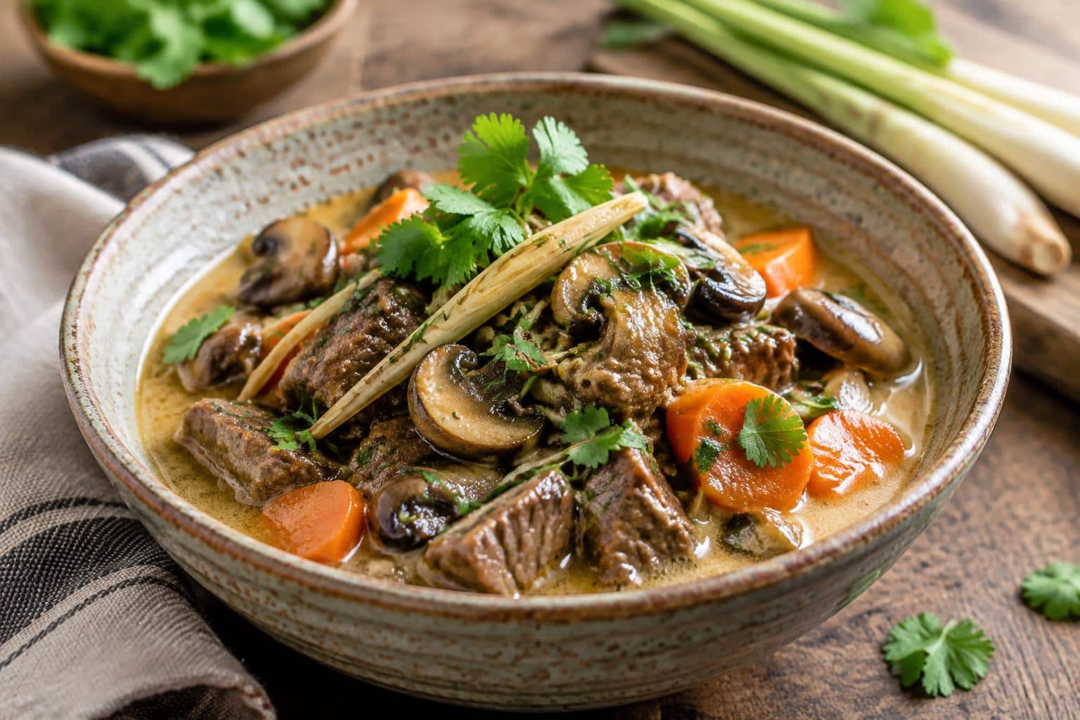 Savory tender coconut lemongrass beef with earthy mushrooms and sweet carrots served in bowl
