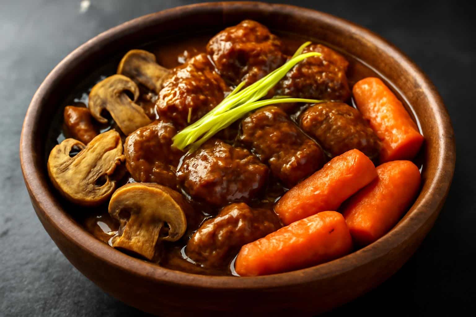 Savory tender coconut lemongrass beef with earthy mushrooms and sweet carrots in a rustic bowl