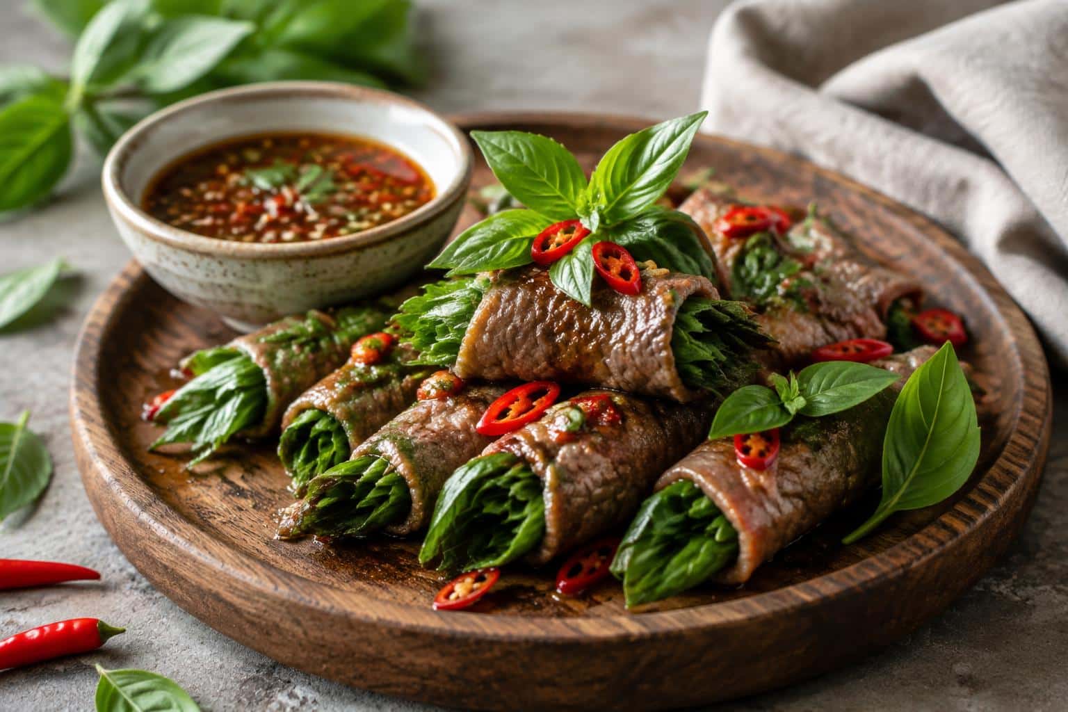 Savory Thai basil beef rolls on a wooden platter garnished with fresh basil and chili