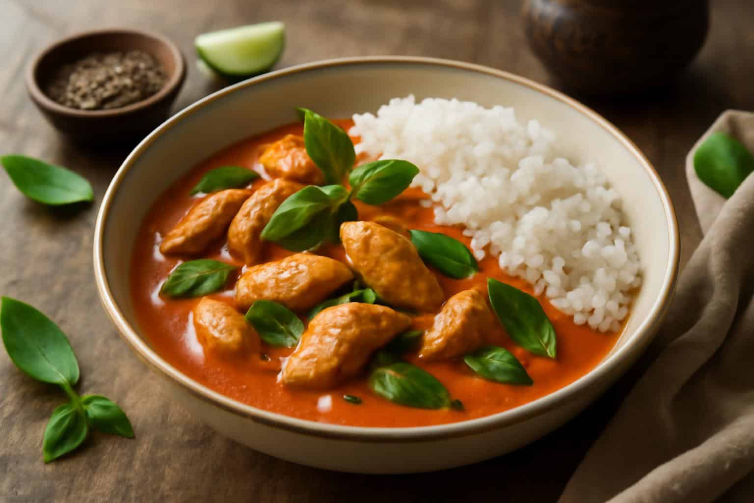 Savory Thai red curry chicken bowl with fresh basil and steamed jasmine rice