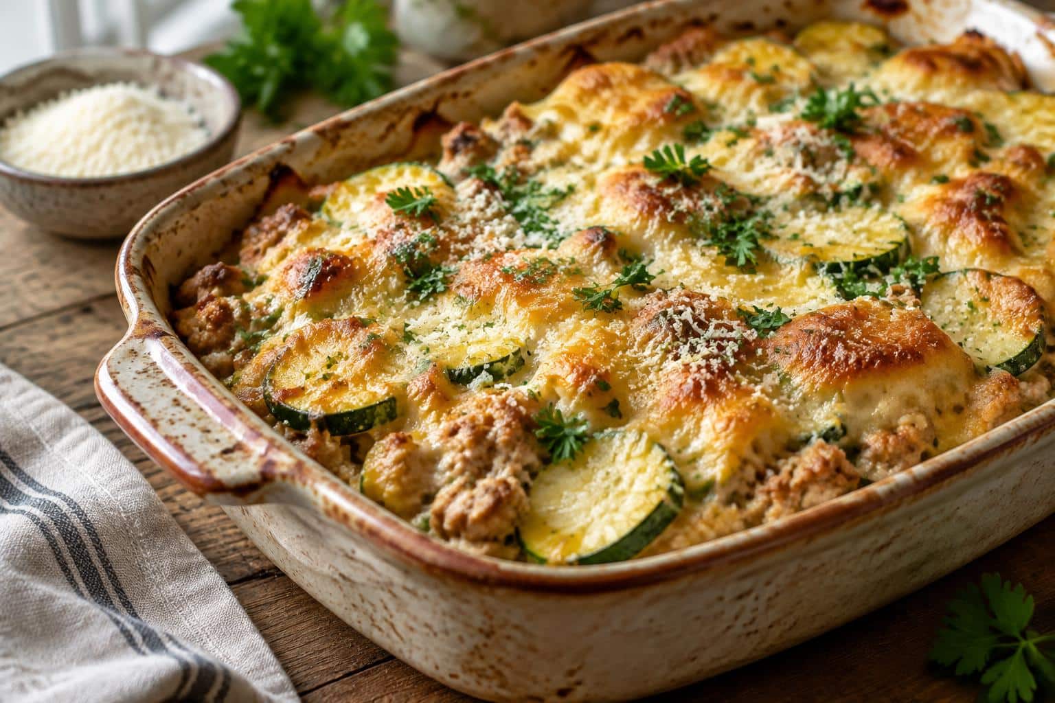 Baked turkey zucchini casserole in rustic dish with golden cheese topping and parsley garnish