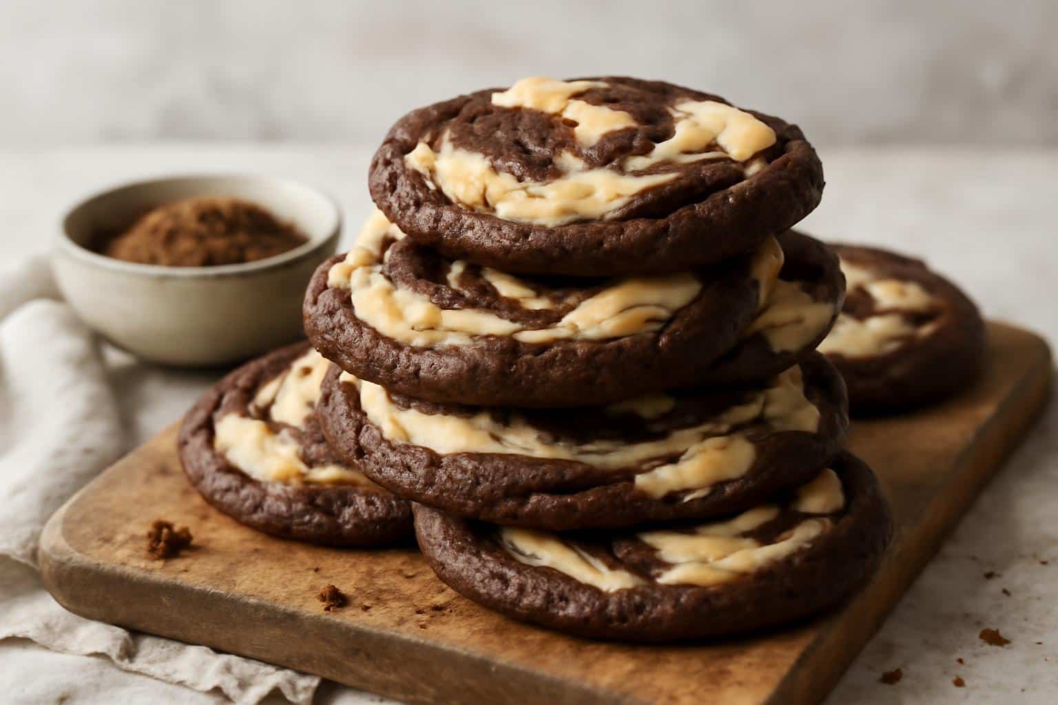 Freshly baked Schokoladen cheesecake cookies with chocolate and creamy cheesecake swirls