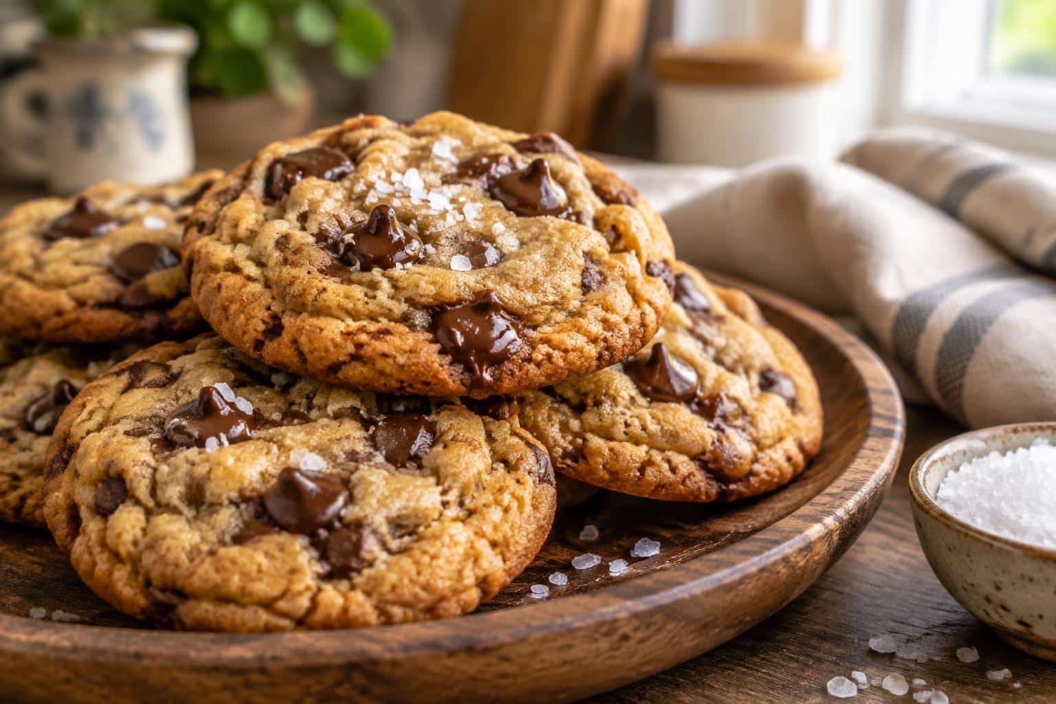 Sea salt brown butter cookies with chocolate chips stacked on a wooden plate with sea salt flakes visible