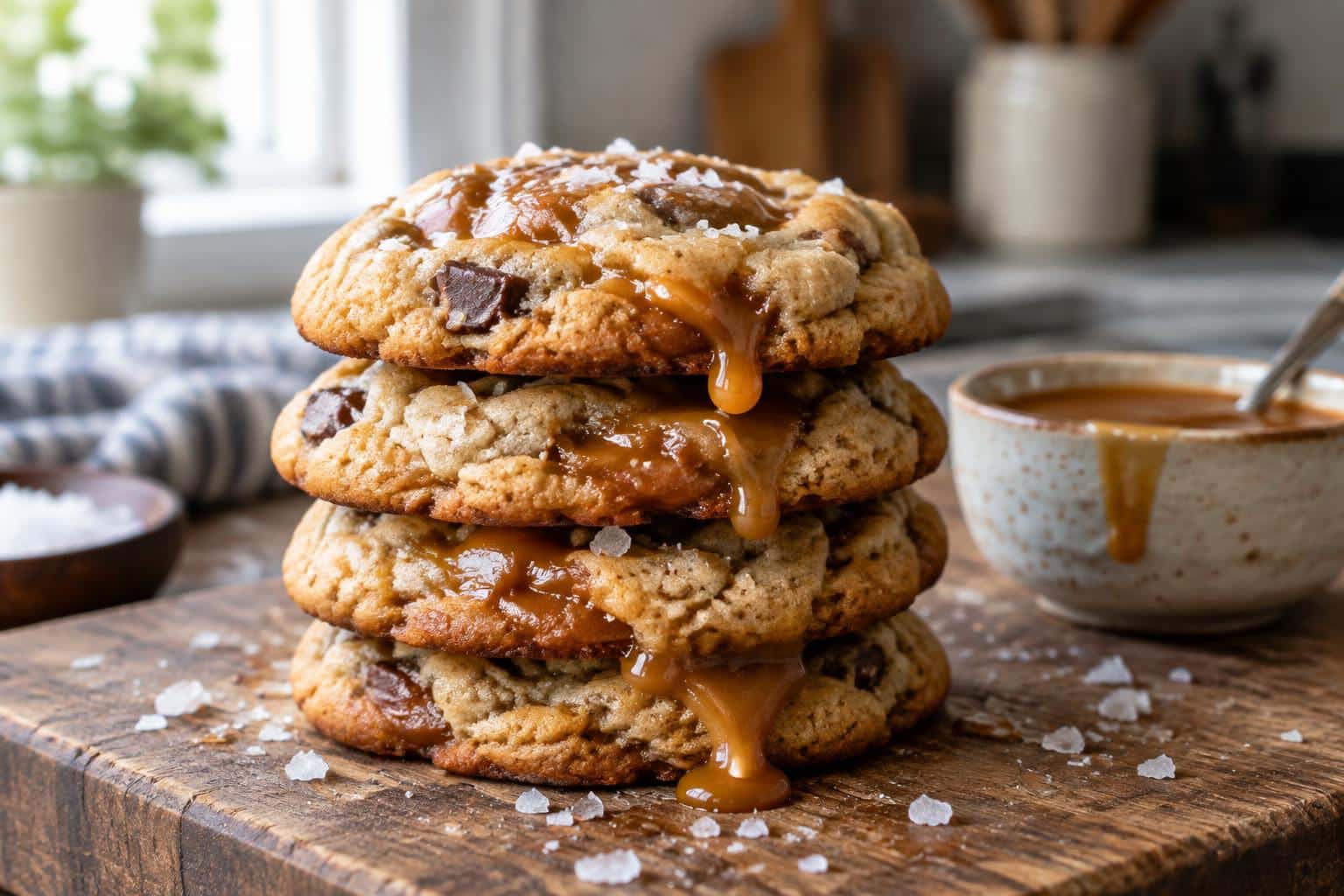 Chewy sea salt caramel cookies stacked with caramel and sea salt topping
