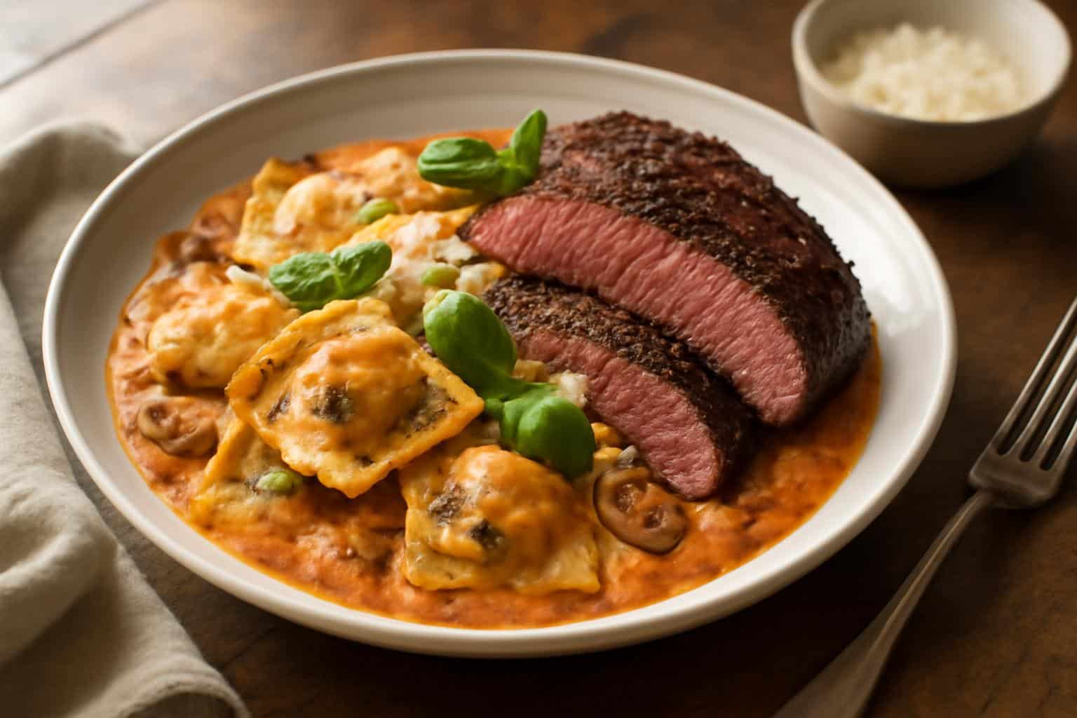 Seared steak ravioli in creamy tomato sauce garnished with basil and Parmesan