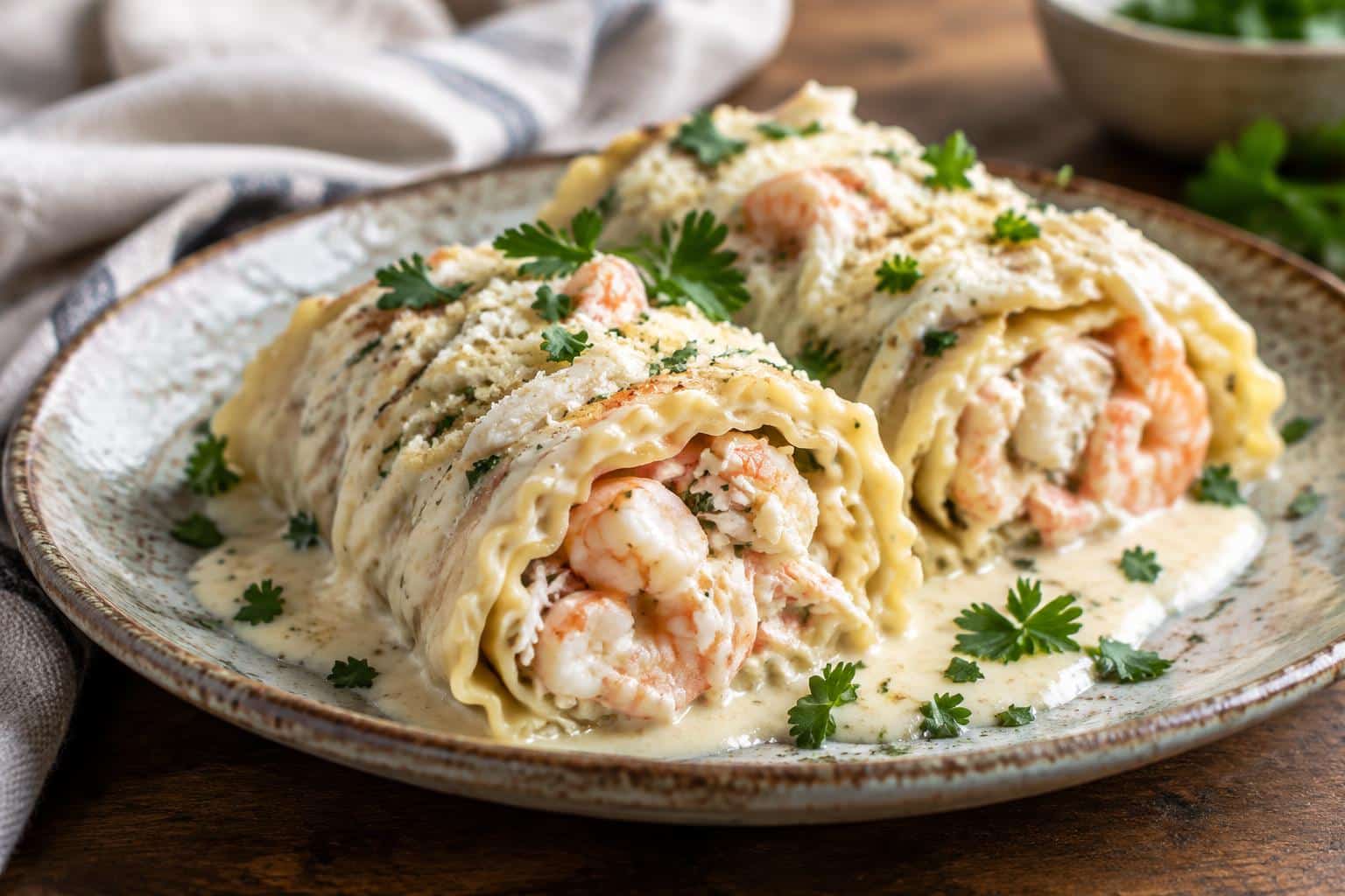 Shrimp crab alfredo lasagna roll-ups with creamy sauce and fresh parsley garnish on rustic plate