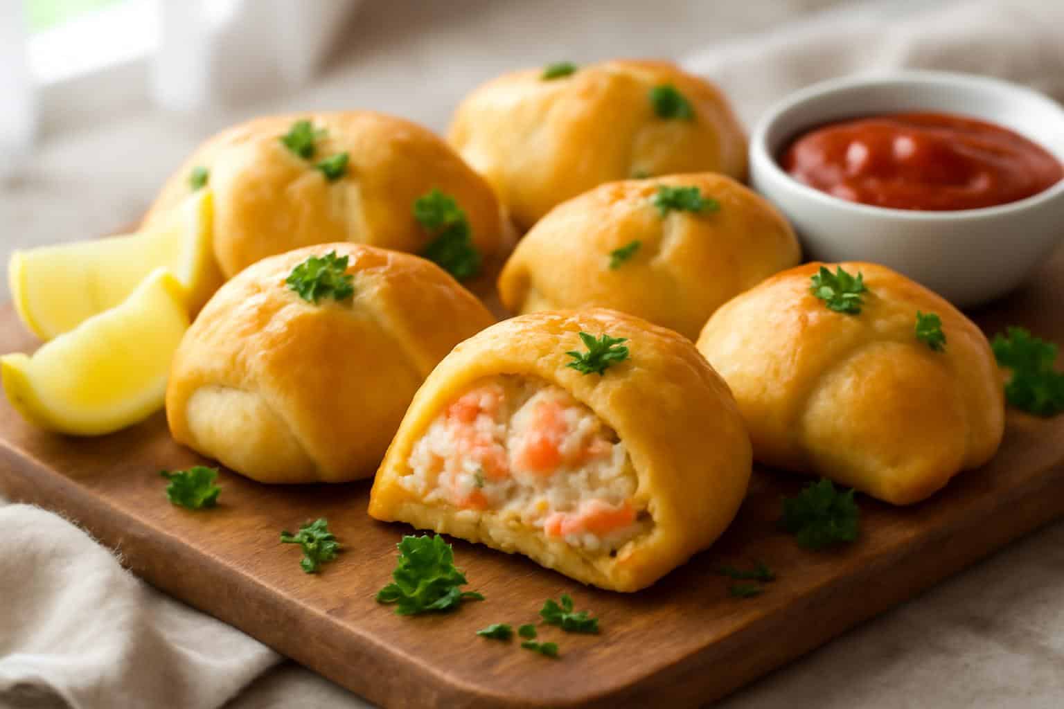 golden baked shrimp crab crescent bombs garnished with parsley and lemon wedges