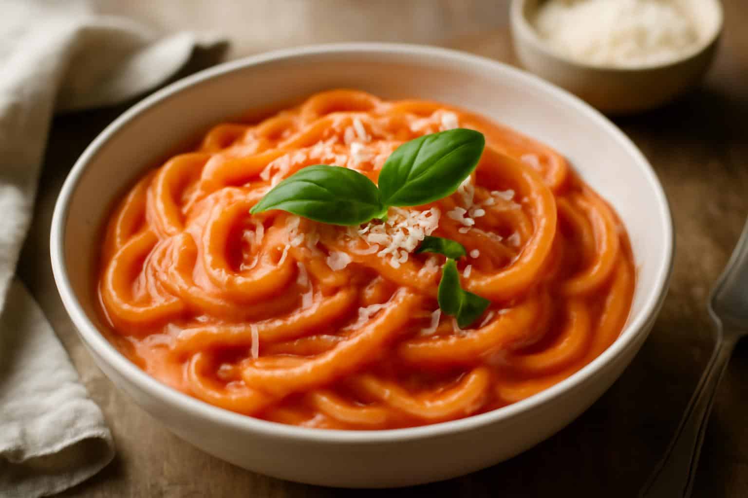 Silky tomato garlic cream pasta garnished with fresh basil and Parmesan cheese