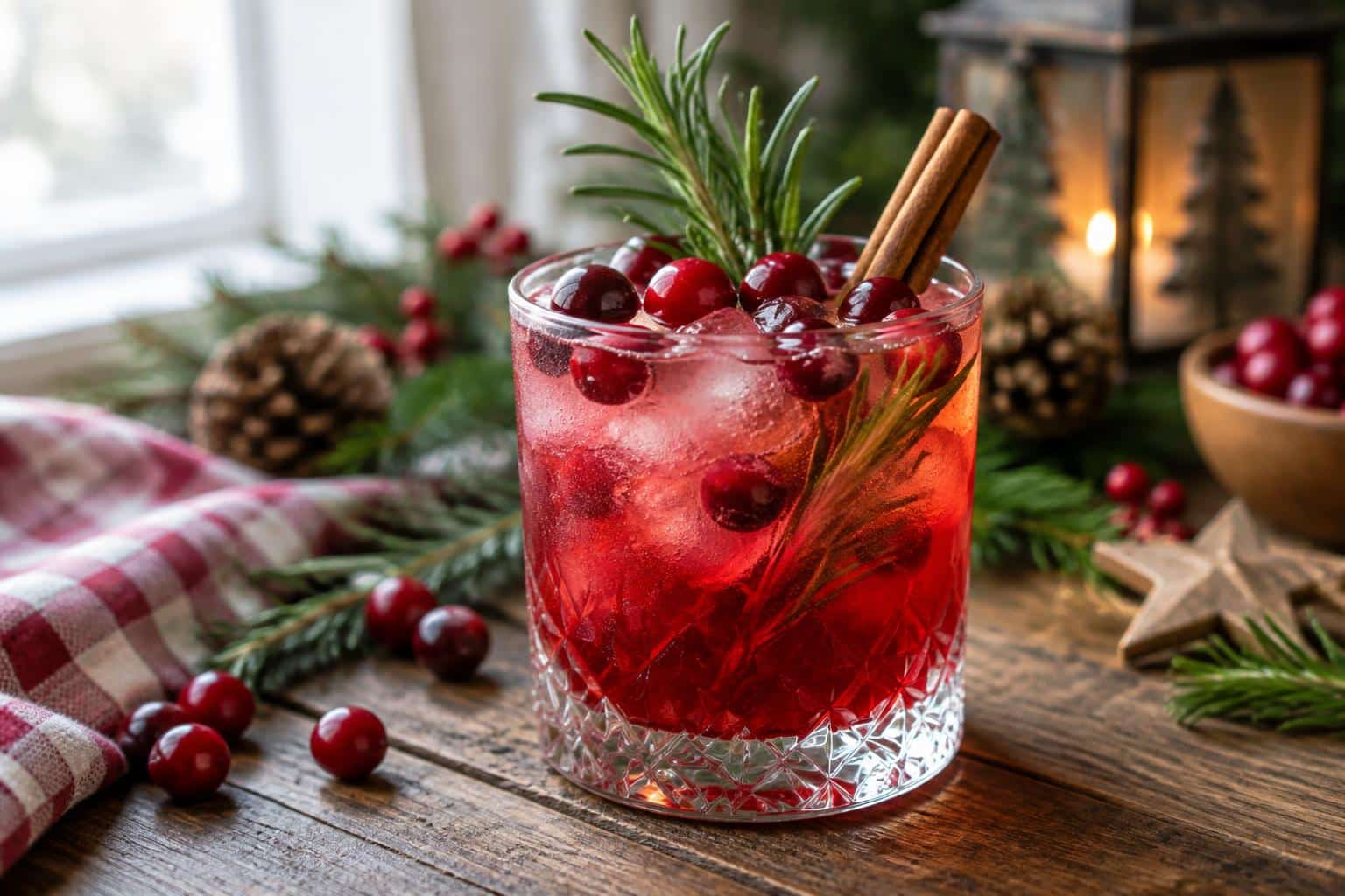 Festive Christmas mocktails with cranberries and rosemary garnish on rustic table