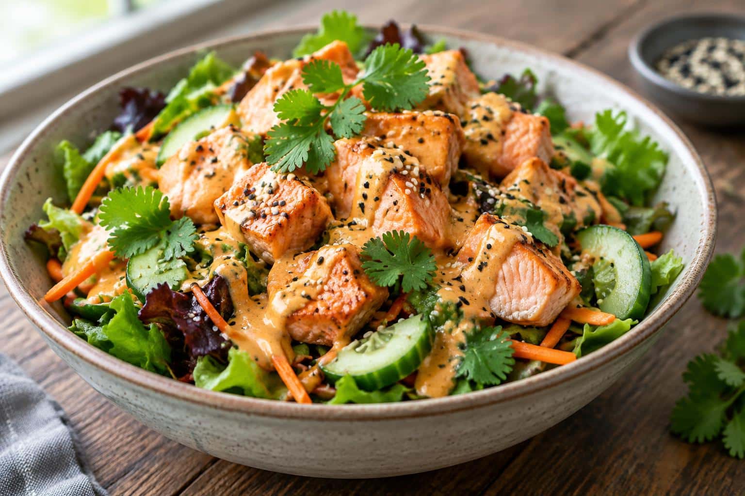 Bang bang salmon salad with salmon chunks, greens, and creamy sauce in a bowl