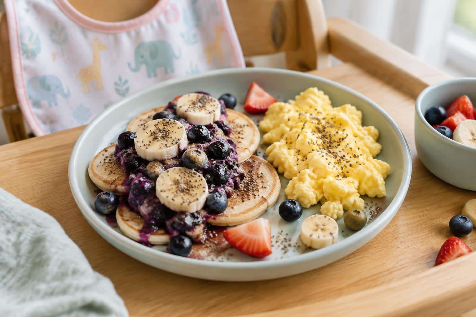 Healthy baby breakfast ideas with mini pancakes and soft scrambled eggs on a pastel tray