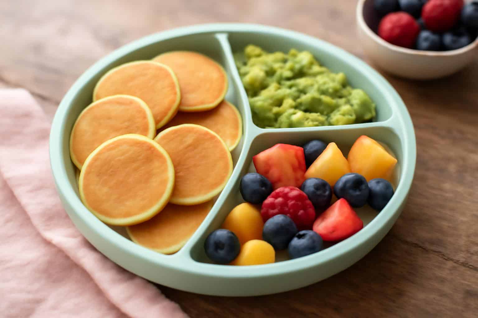 Simple and healthy baby breakfast ideas featuring soft mini pancakes and mashed avocado on a rustic plate