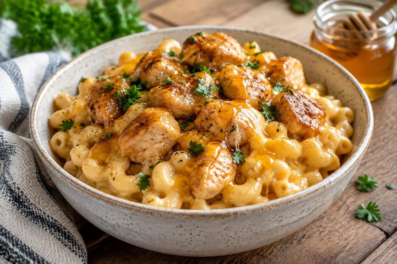 Creamy high protein honey chicken mac and cheese with fresh parsley garnish