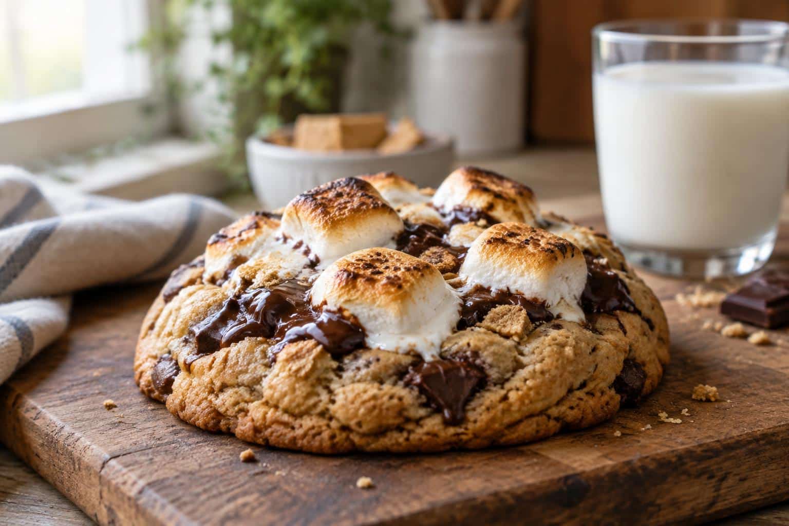 Large gourmet smores cookie with melted chocolate and toasted marshmallows on rustic wooden board in soft natural light