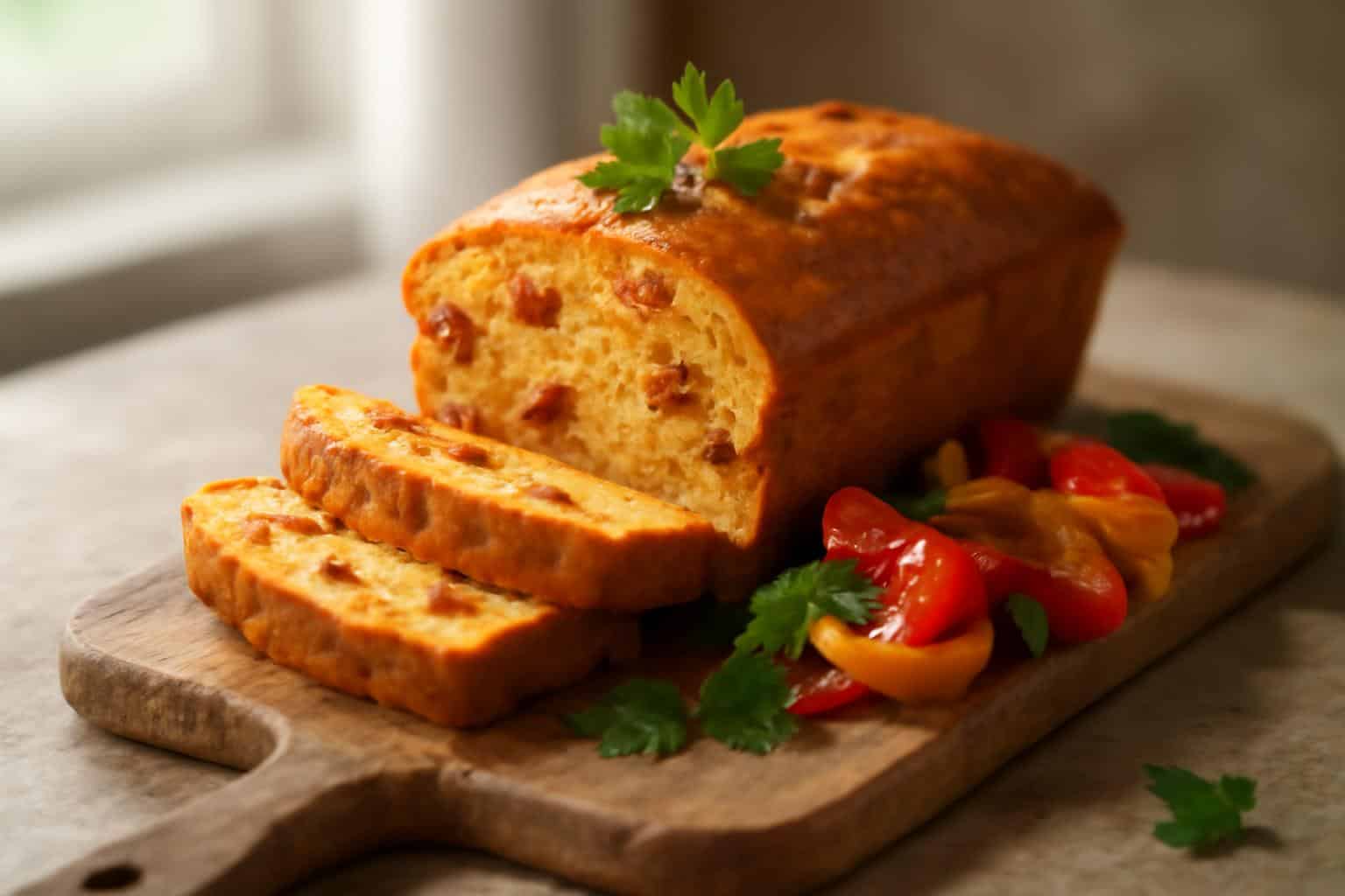Golden-brown chorizo cake sliced and garnished with parsley, perfect chorizo cake appetizer