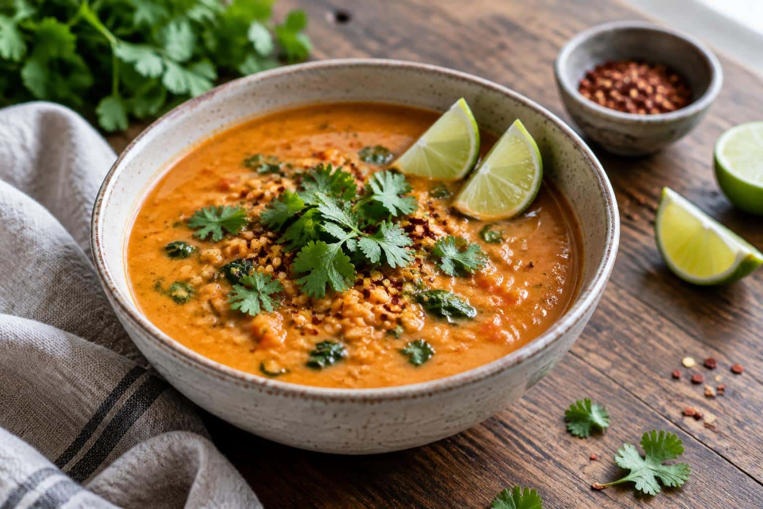 Thai coconut soup with red lentils garnished with fresh cilantro and lime wedges
