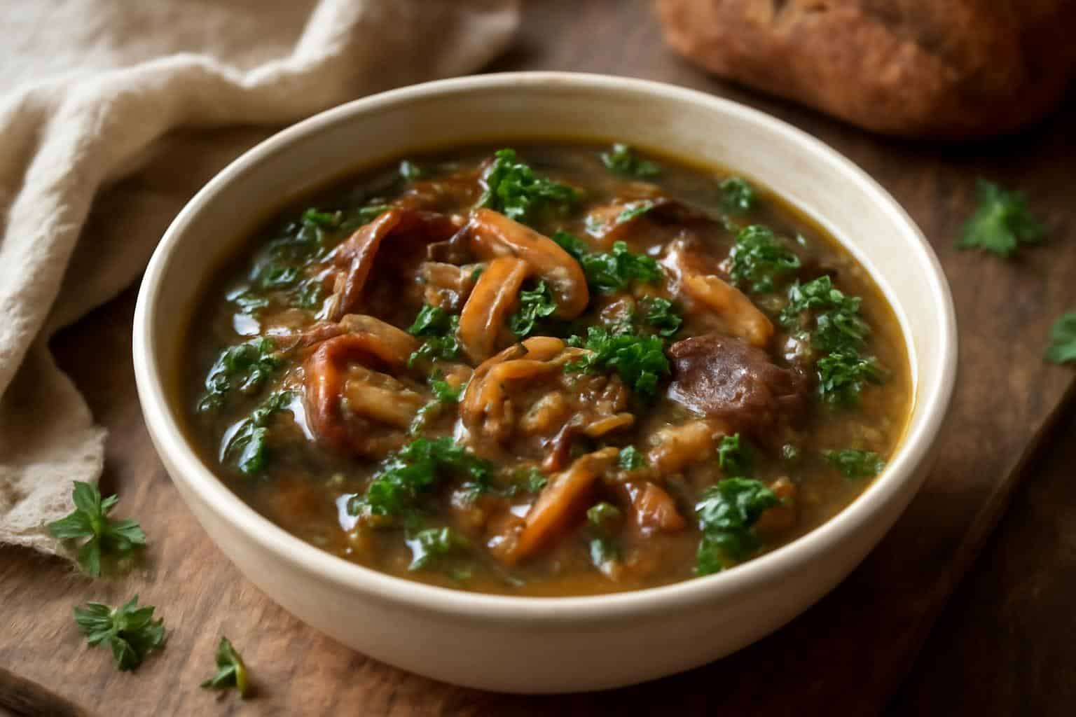 Wild mushroom soup with caramelized onion and kale in a rustic bowl garnished with fresh herbs