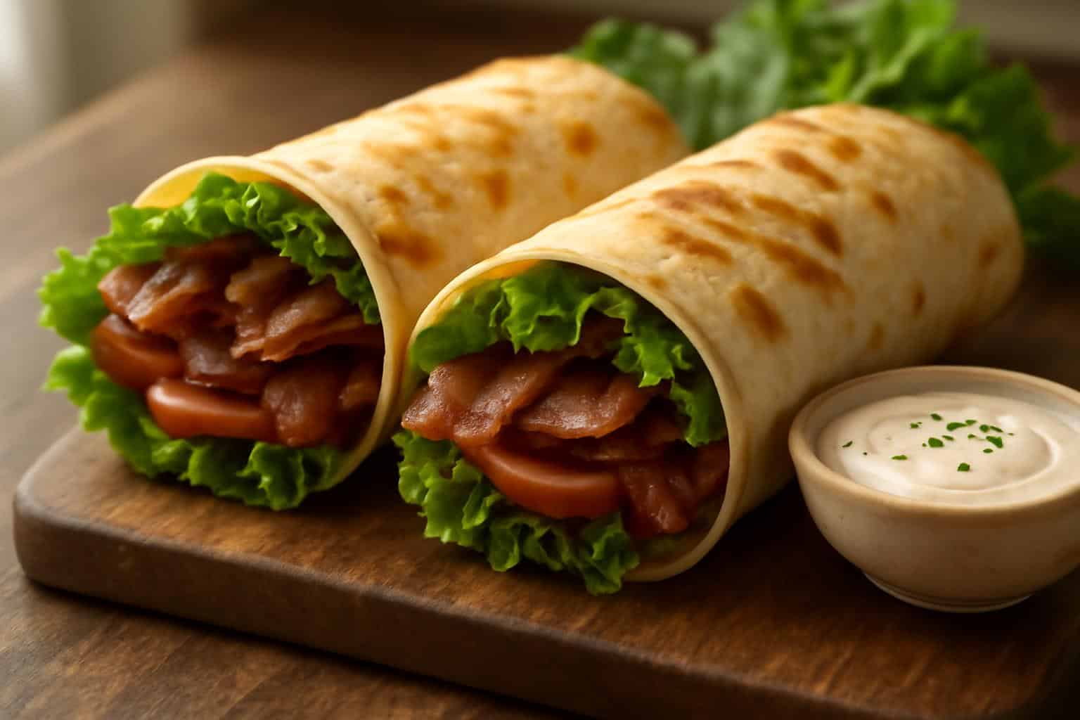 Sizzling BLT wraps with crispy bacon and fresh lettuce grilled to perfection on a rustic board