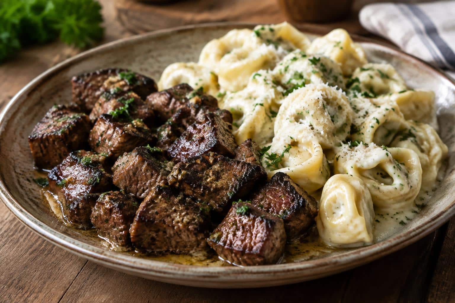 Butter steak bites served with creamy Alfredo tortellini garnished with parsley