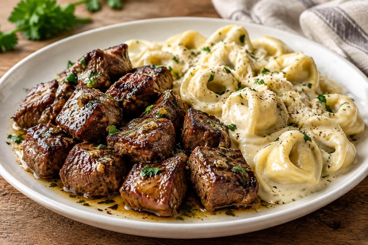 Sizzling butter steak bites and creamy Alfredo tortellini plated with parsley garnish