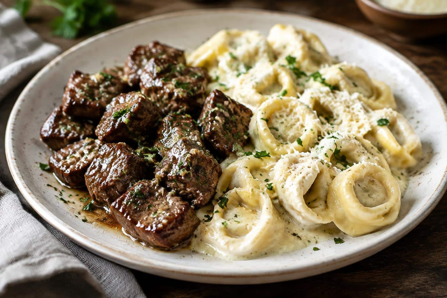 Sizzling butter steak bites served with creamy Alfredo tortellini garnished with parsley