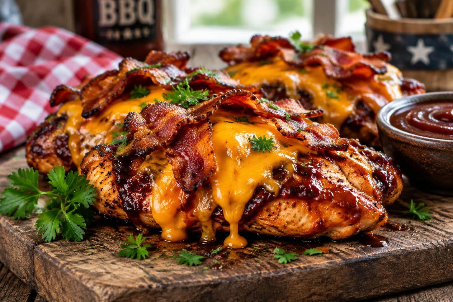 Cowboy bbq chicken topped with crispy bacon and melted cheddar cheese on a rustic board
