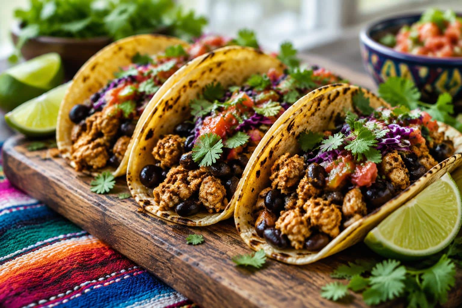Sizzling crispy turkey tacos with black beans and fresh garnishes on a rustic board
