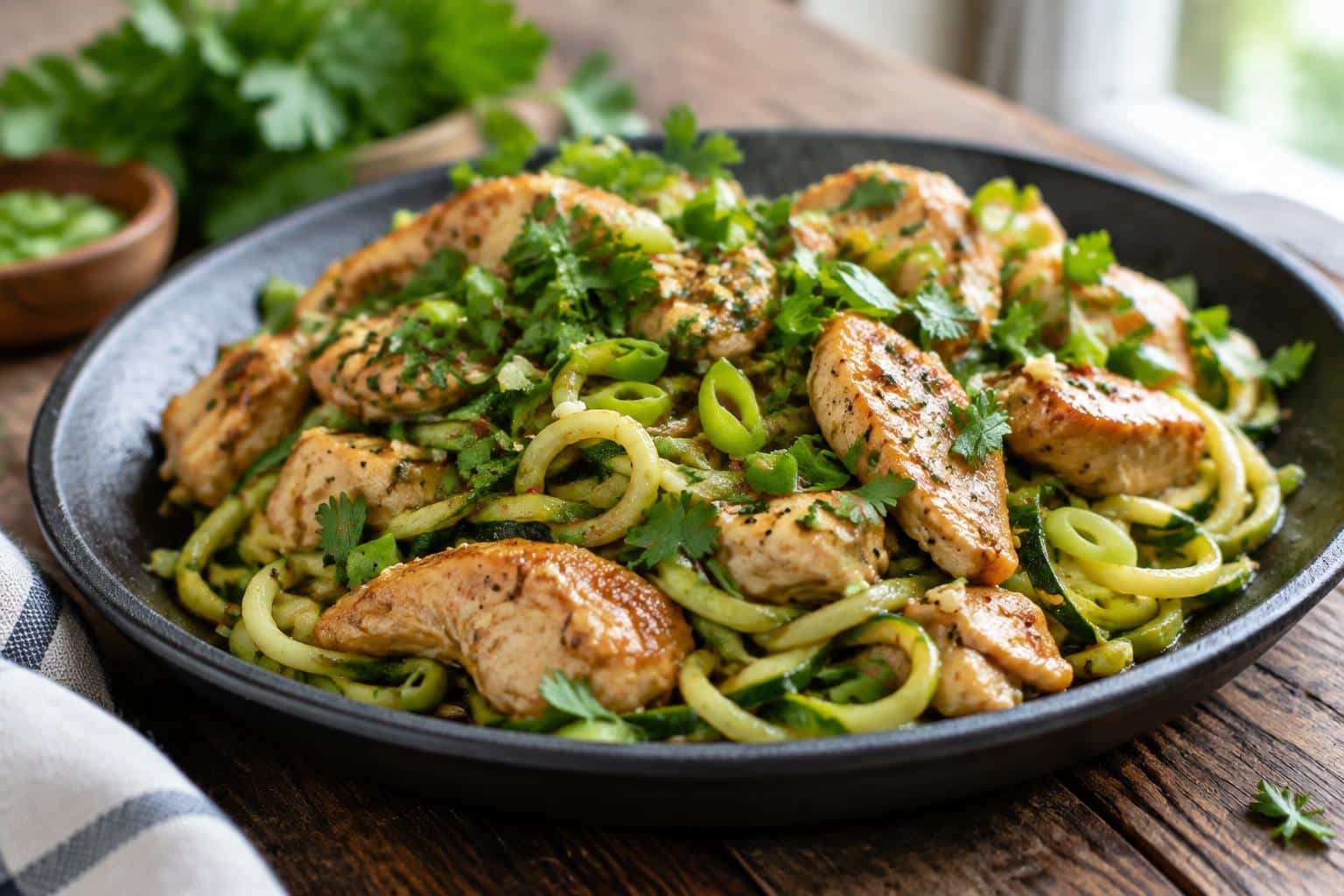 Sizzling garlic chicken stir fry with zucchini noodles garnished with fresh herbs
