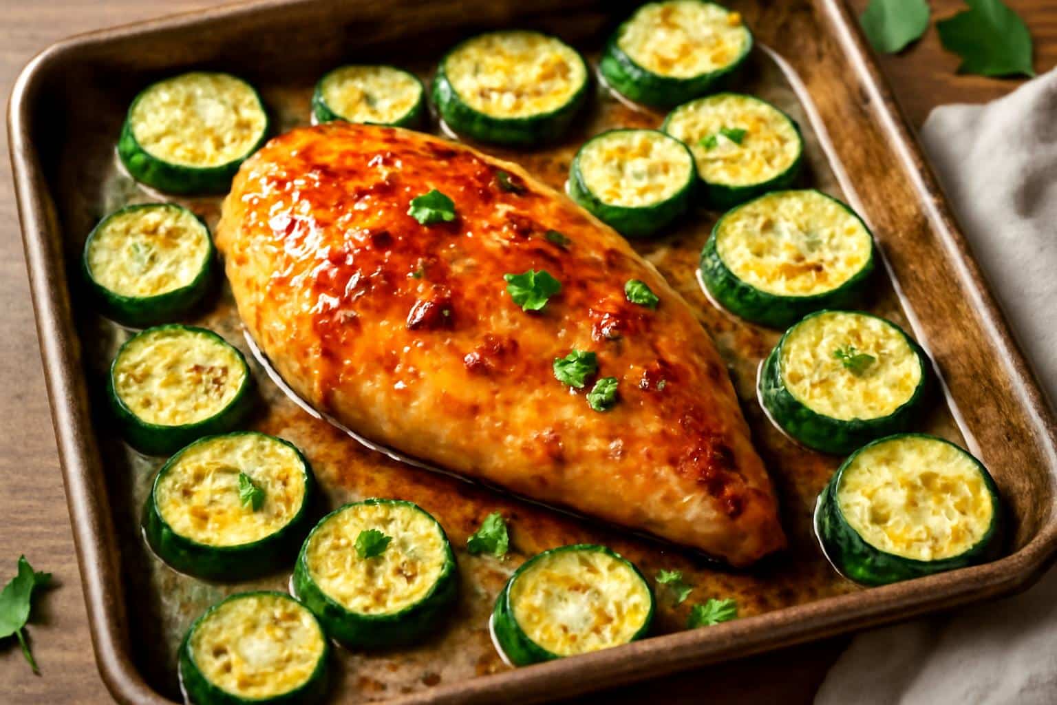Honey garlic chicken and zucchini on a sheet pan with glossy sauce and fresh parsley