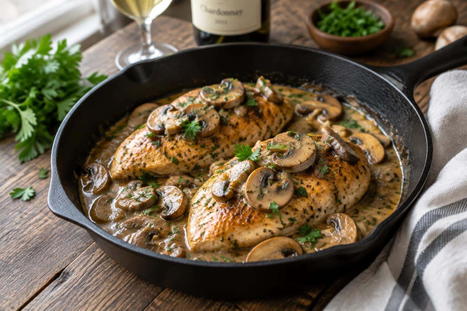 Skillet chicken mushroom with wine sauce garnished with parsley in a rustic setting