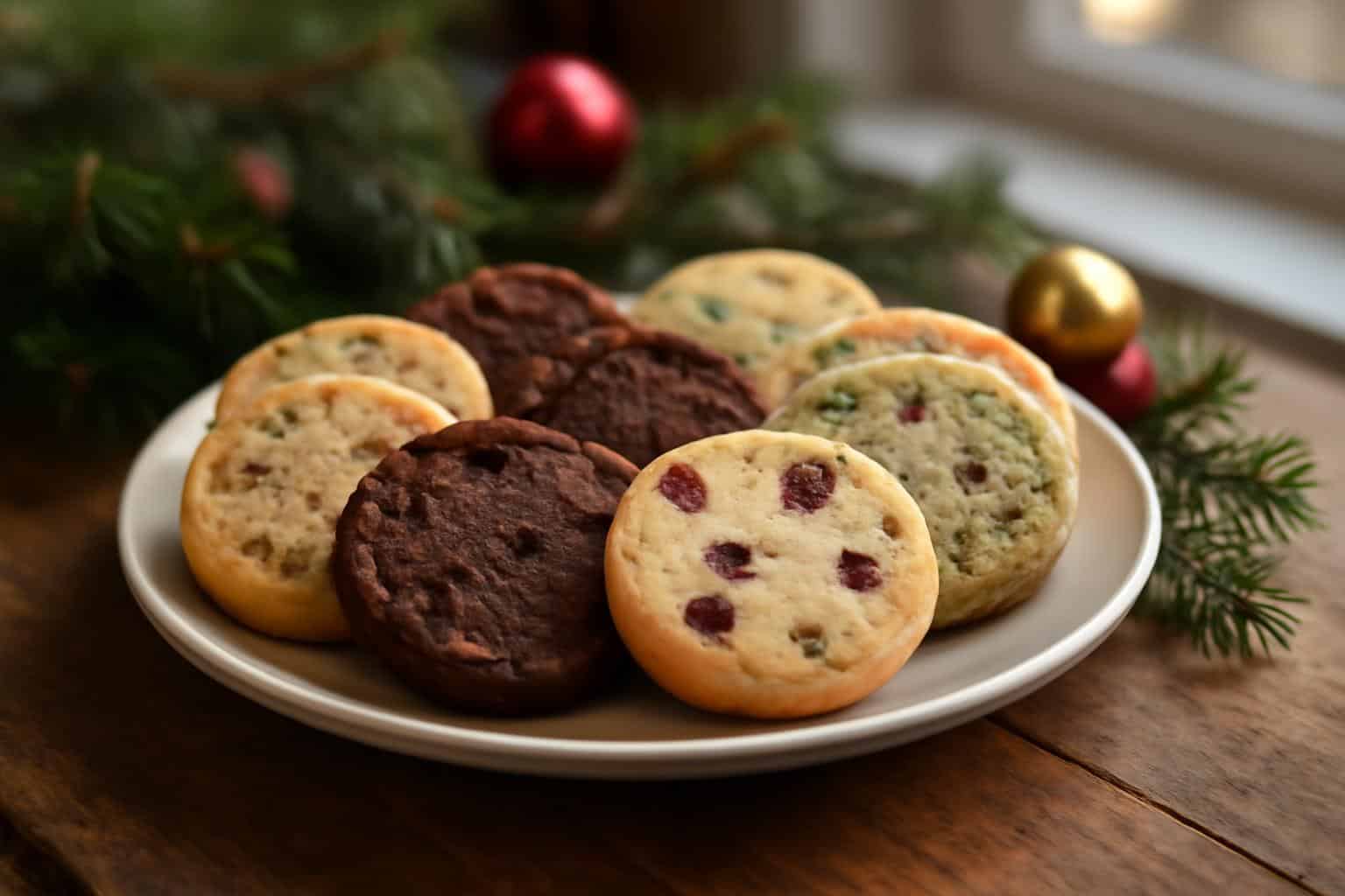 Freshly baked slice and bake holiday cookies in four festive flavors on a rustic wooden plate