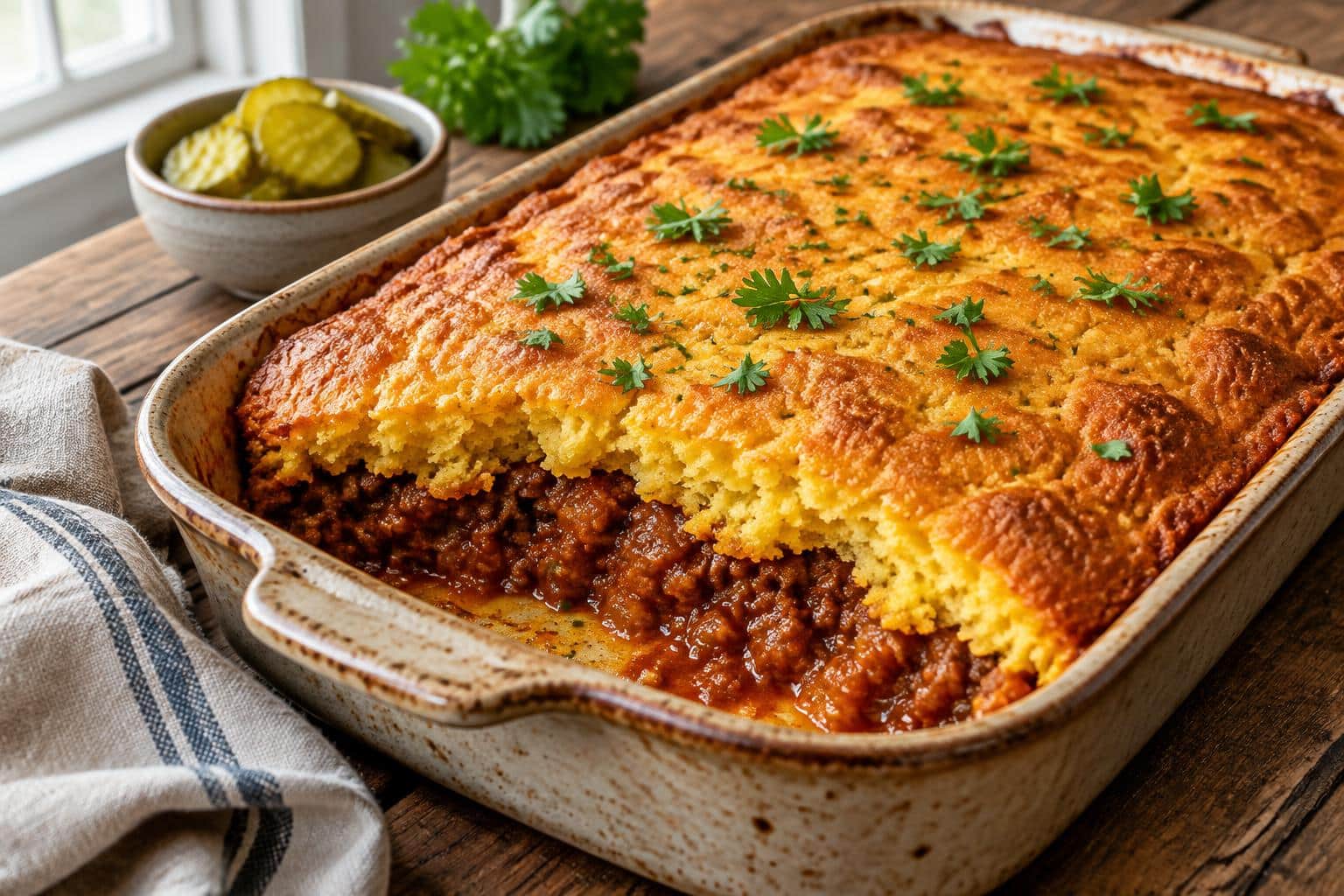 Sloppy joe casserole with golden cornbread topping and fresh parsley garnish