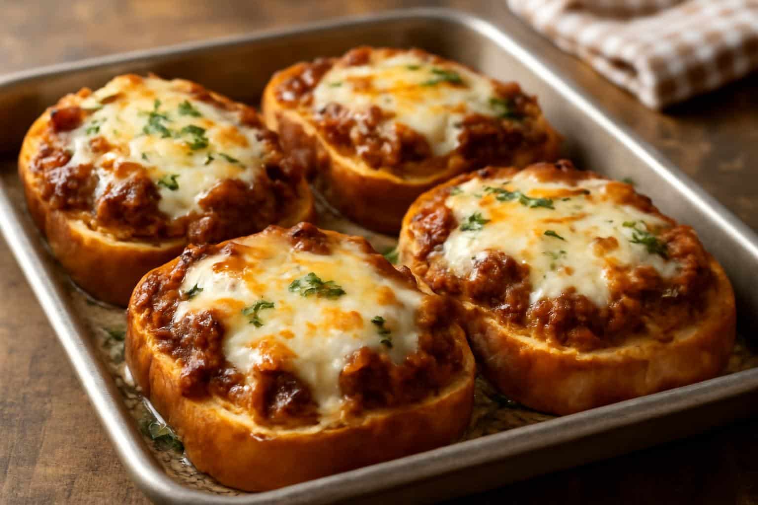 Sloppy joe garlic bread bake with melted cheese and beef topping garnished with parsley
