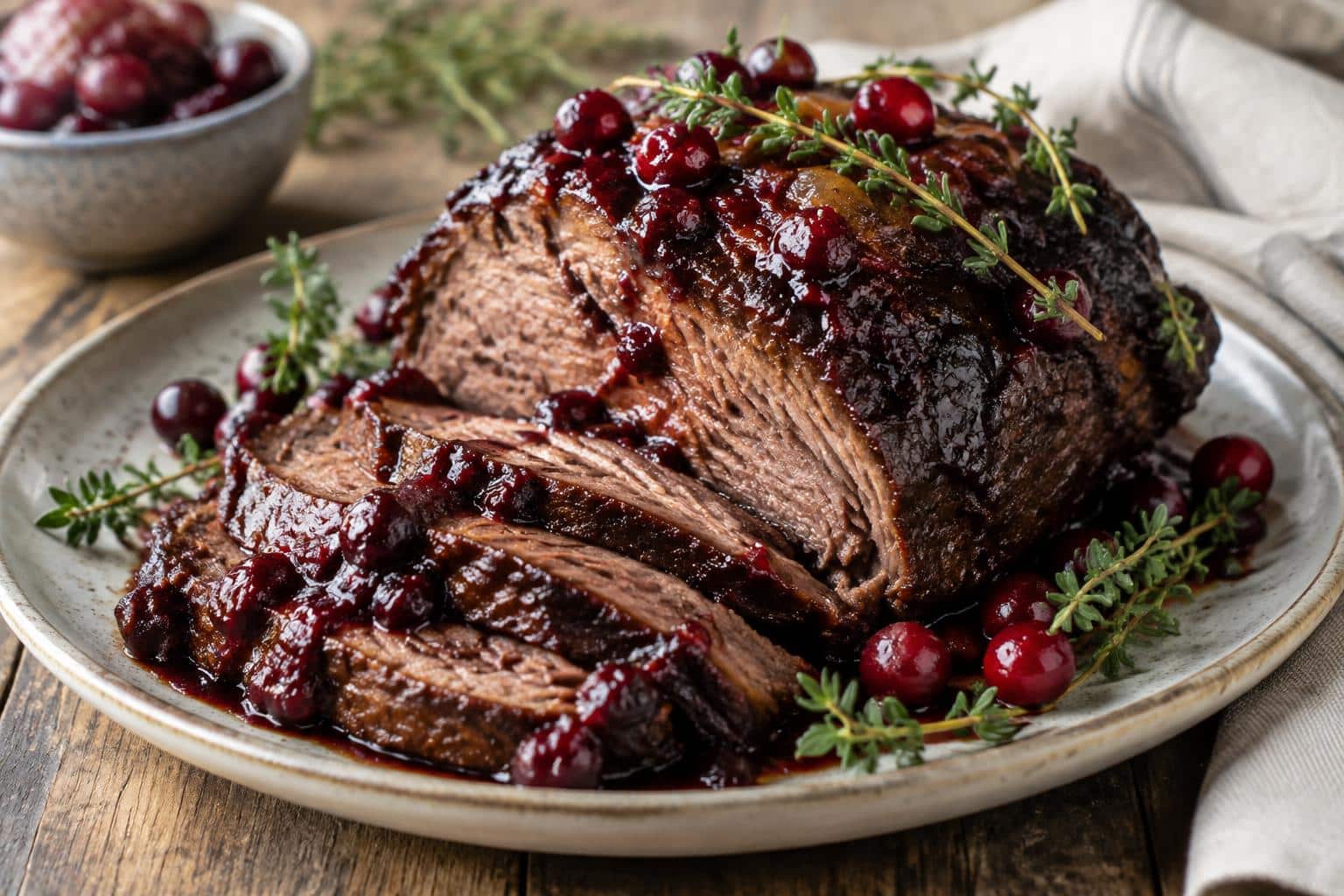 Tender slow-braised beef roast drizzled with sweet cranberry balsamic glaze on rustic plate