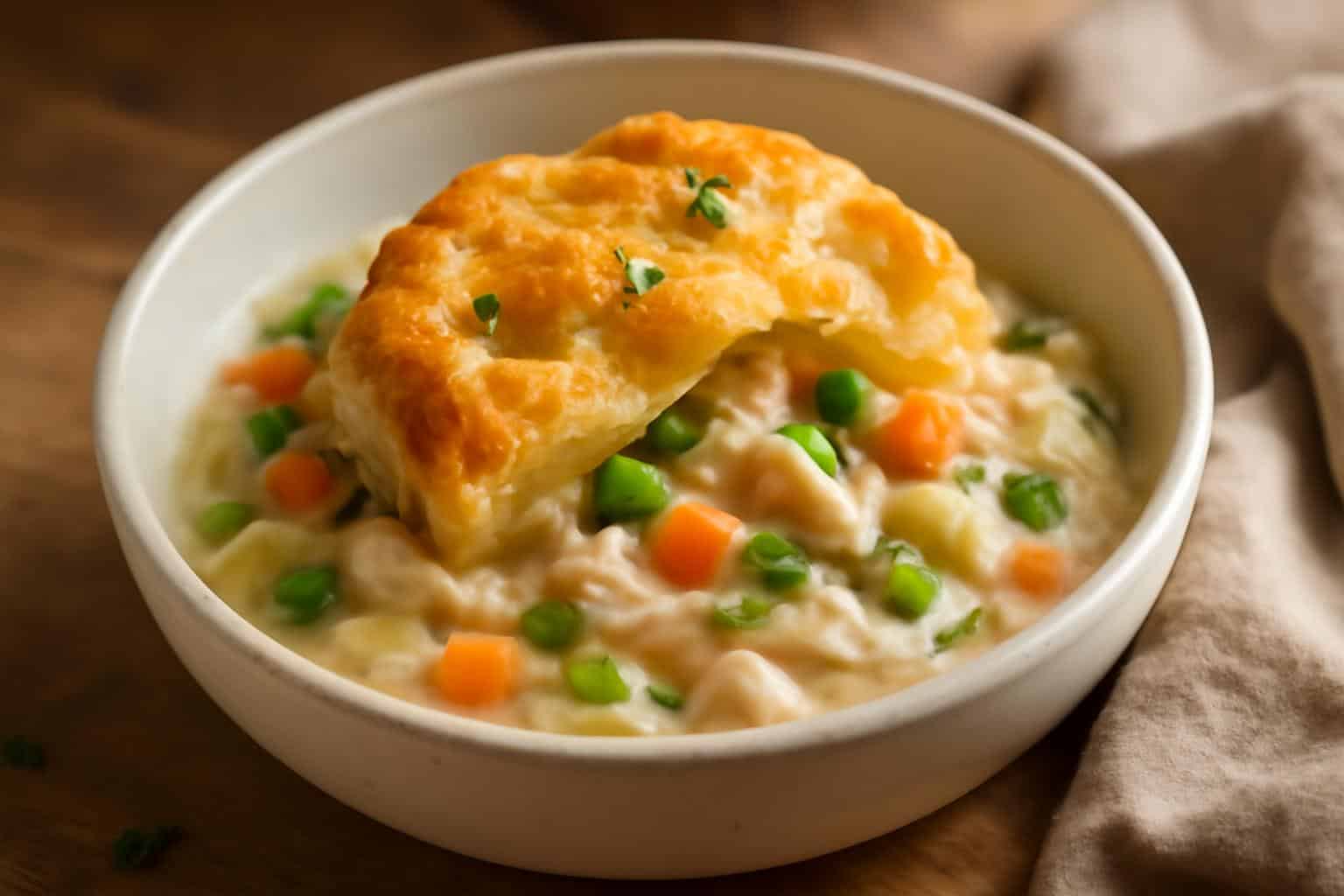 Slow cooker chicken pot pie with creamy chicken and vegetables garnished with parsley