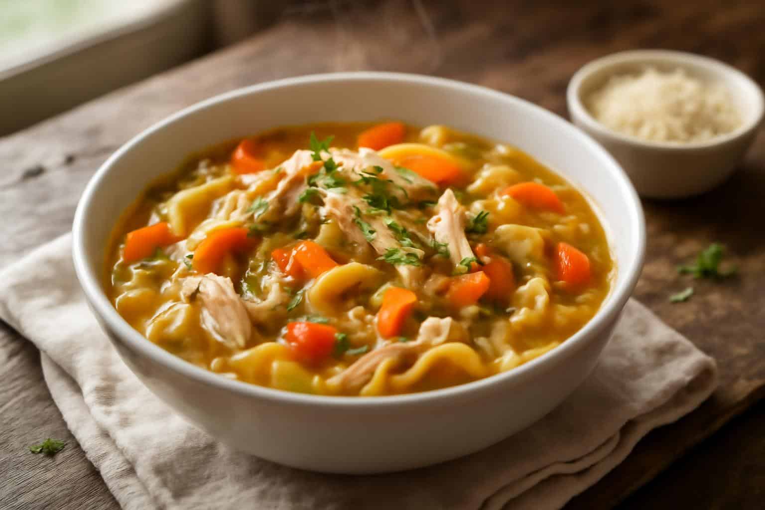 Slow cooker Italian chicken noodle soup with tender chicken and noodles garnished with parsley