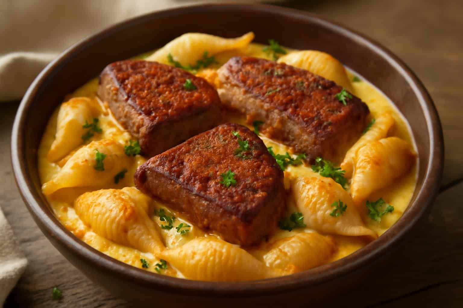 Creamy smoky paprika steak shells in rustic bowl with parsley garnish